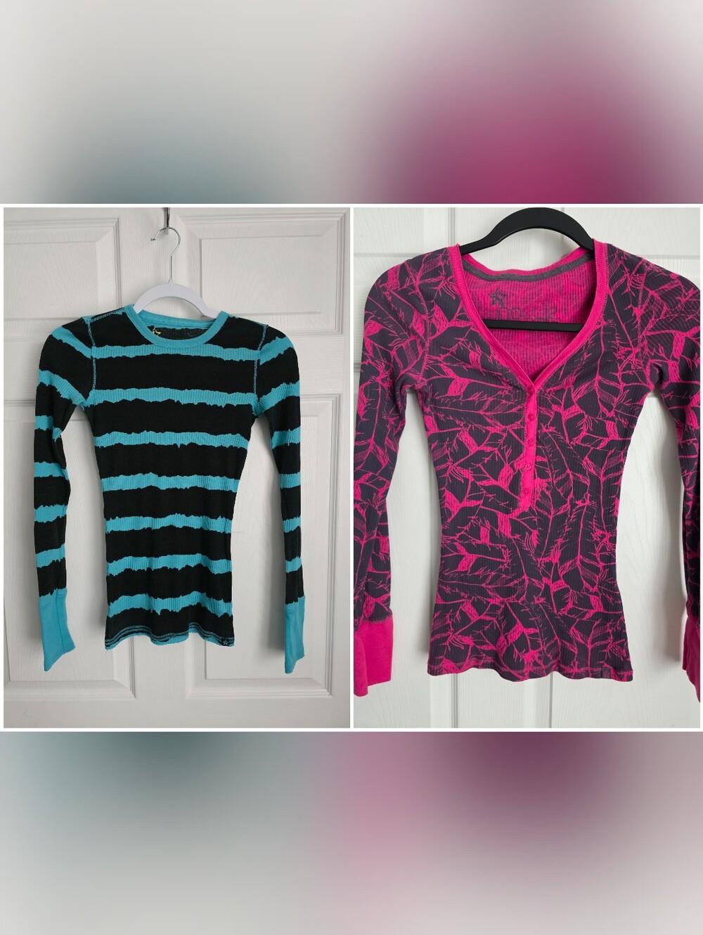 VINTAGE Y2K Lot of 2 Nollie Knit Long Sleeve Tops Aqua Striped Pink Feather XS
